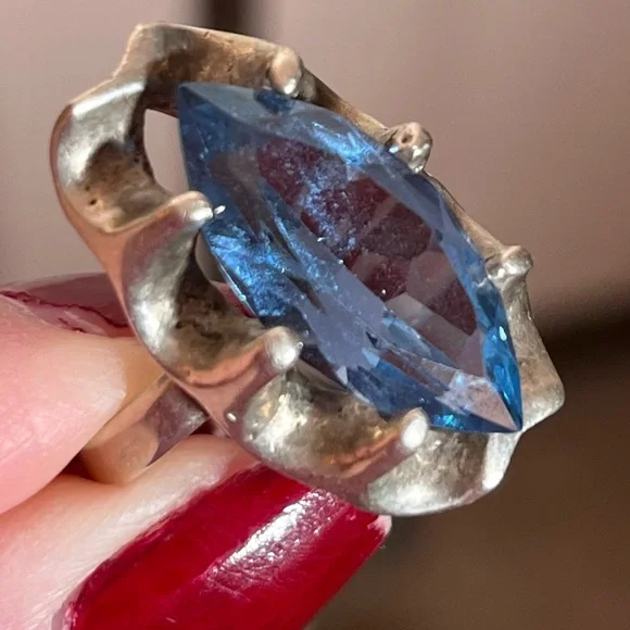 Antique art Deco Oversized Marquee Blue Topaz Brutalist Sterling Silver Ring - Picture 4 of 17